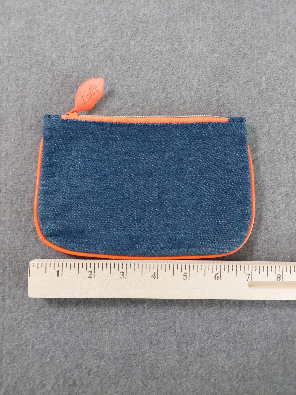 Ipsy Denim & Neon Orange Cosmetic Makeup Bag Zipper Pouch Travel Case